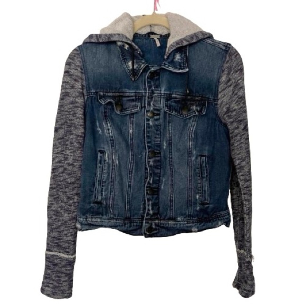 Free People Mixed Media Denim Jacket-navy - Picture 6 of 12